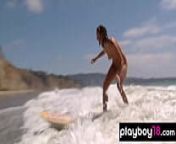 Hot badass blondie with big boobs and her GFs love naked surfing from naked beach