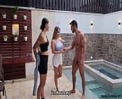 Sneaking into the neighbors pool from bikini men
