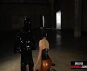 Domme pegs suspended gimp before hj domination from leather pegging cumshot