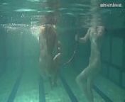 Bad quality underwater lesbian show from swimming sea
