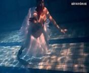 Bulava Lozhkova with a red tie and skirt underwater from roja swimming pool vide