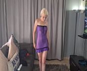 Blonde trying on different lingerie and sexy dresses from strapless dress