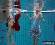 Hot Russian girls swimming in the pool from under swimming pool