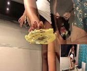 Japanese woman peeing barefoot through glass Food crush from dad crush