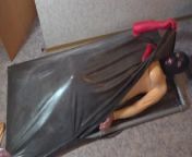 Session with Mouth-feature mask dressed as doll in vacbed selfbondage from rubbersisters