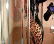 Latex Rubber Leopard Print Catsuit and Milk in The Bath. Curvy Fetish Milf Teasing. from rubber catsuit models