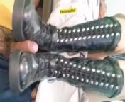 Bootjob cock crush + handjob by fetishwife in goth punk platform boots from pedal pumping footjob
