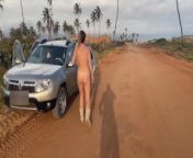 Busty girl walking naked around the car from naked european walking tour