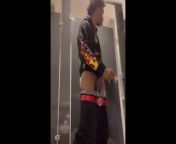 Teen almost get Caught busting a big nut in the public bathroom while people walk in and out from long black dick busted a fat nut