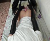 Femboy in latex gloves and stockings humps bed in Frogtie self-bondage from frogtied