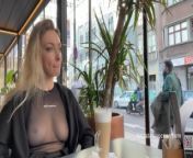 Flashing tits in cafe with glass walls so all people outside see me. Transparent t-shirt no bra. from shashi shing